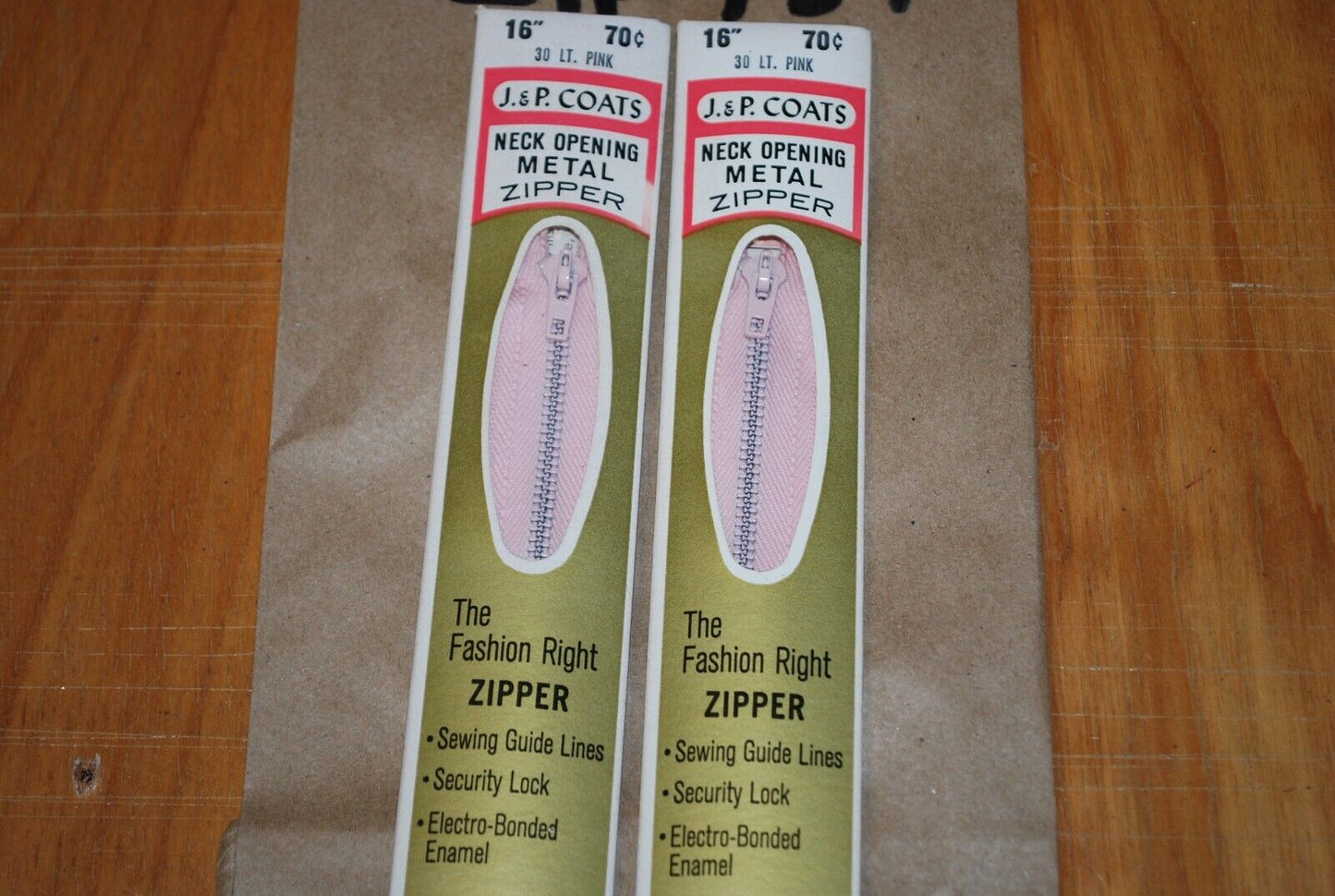 N.O.S. J&P Coats 16" Metal Zipper 30 Lt. Pink - (Lot of 2 packs) - zip734