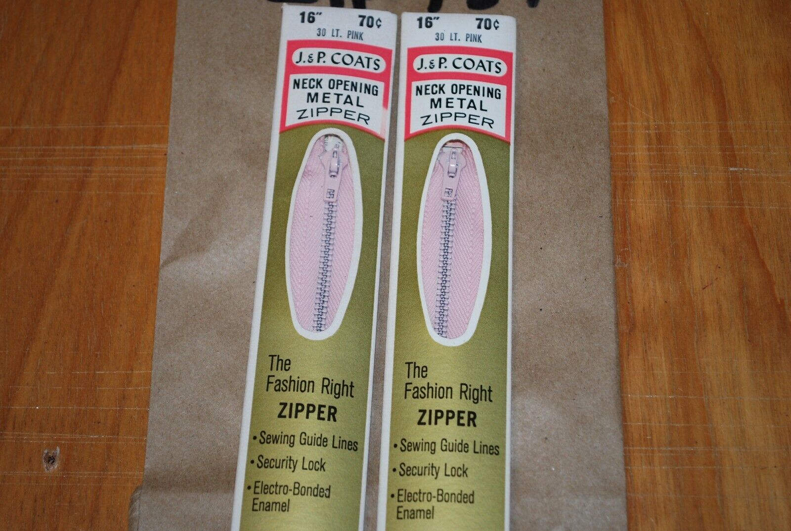 N.O.S. J&P Coats 16" Metal Zipper 30 Lt. Pink - (Lot of 2 packs) - zip734