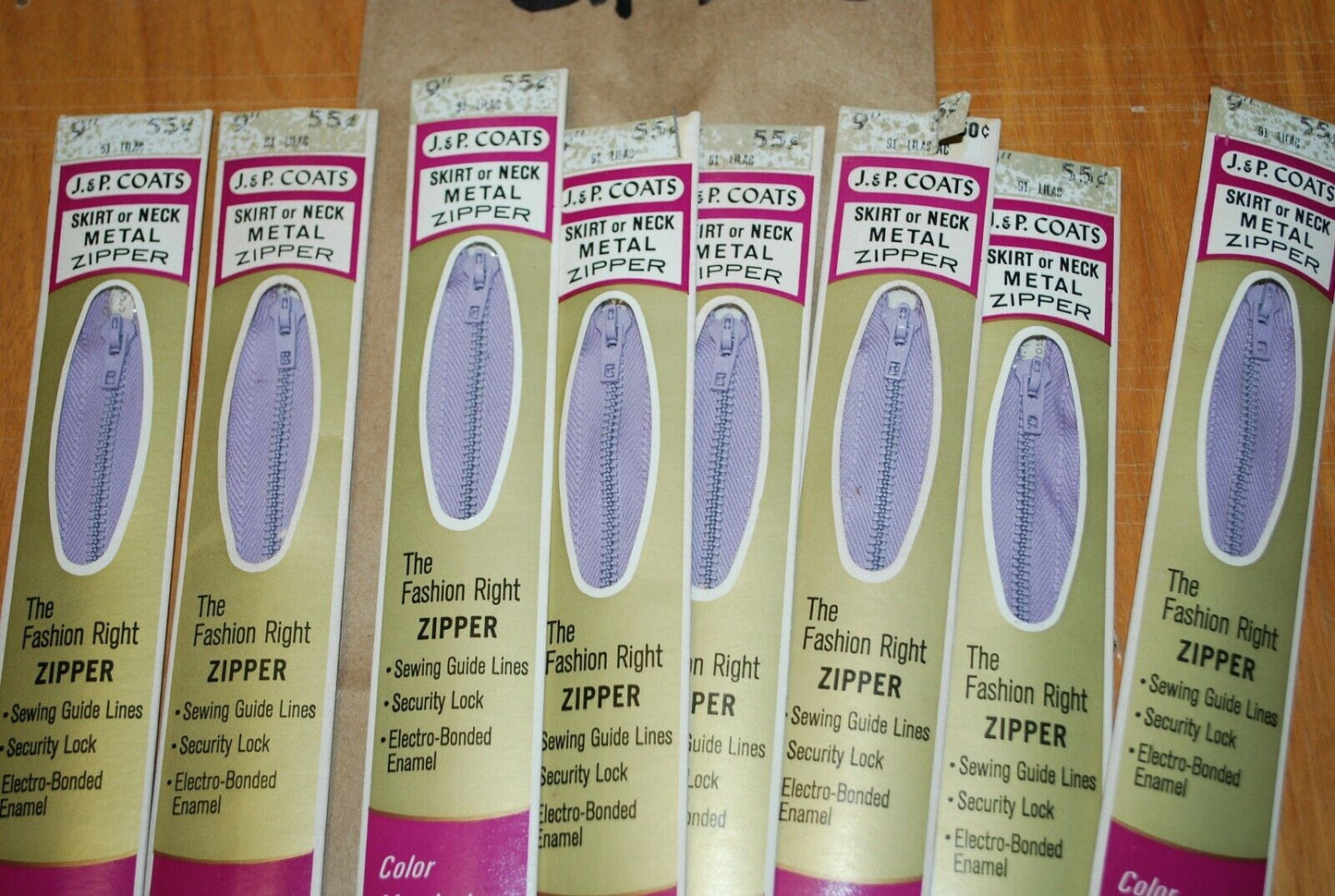 N.O.S. J&P Coats 9" Metal Zipper 91 Lilac - (Lot of 8 packs) - zip712