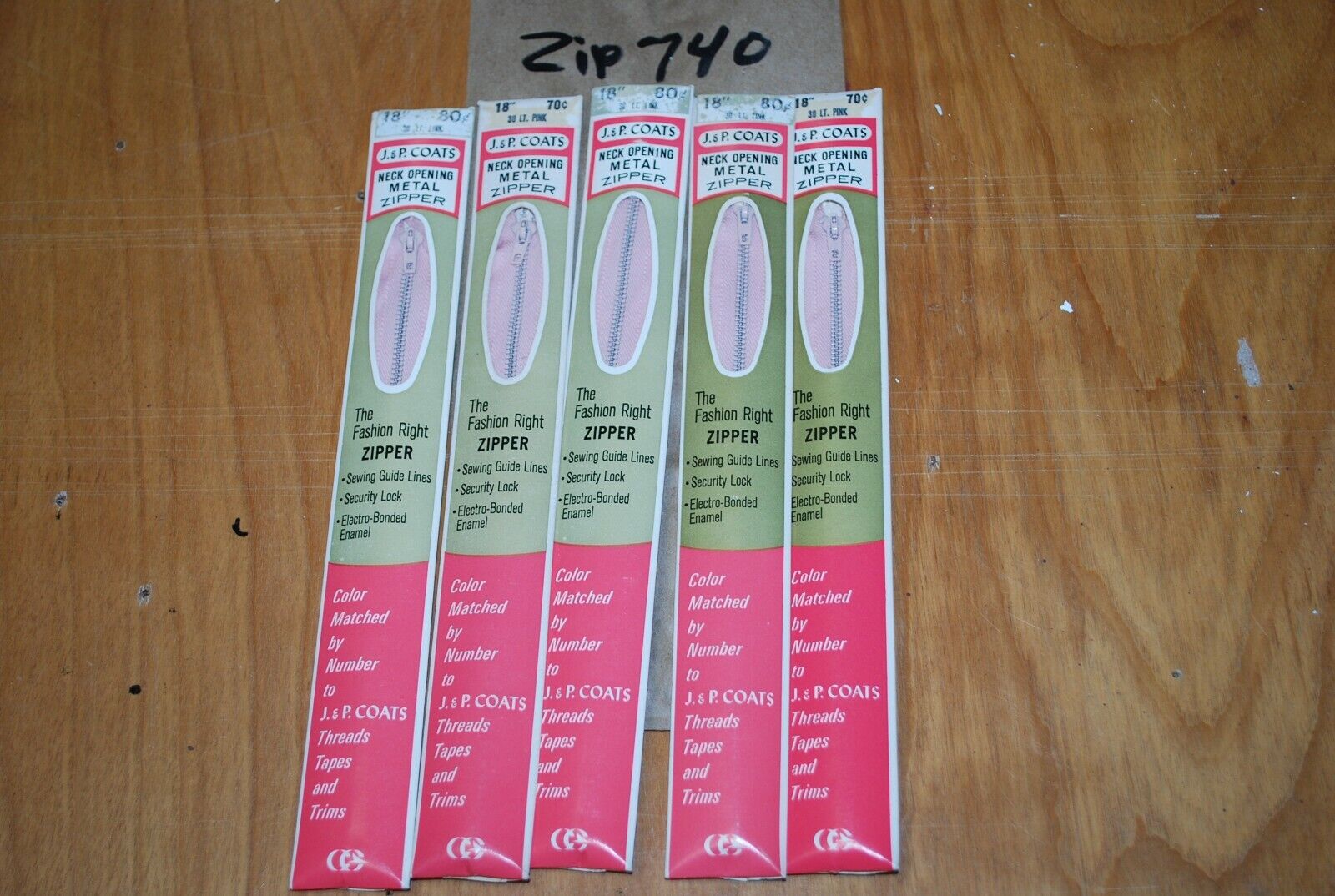 N.O.S. J&P Coats 18" Metal Zipper 30 Lt. Pink - (Lot of 5 packs) - zip740