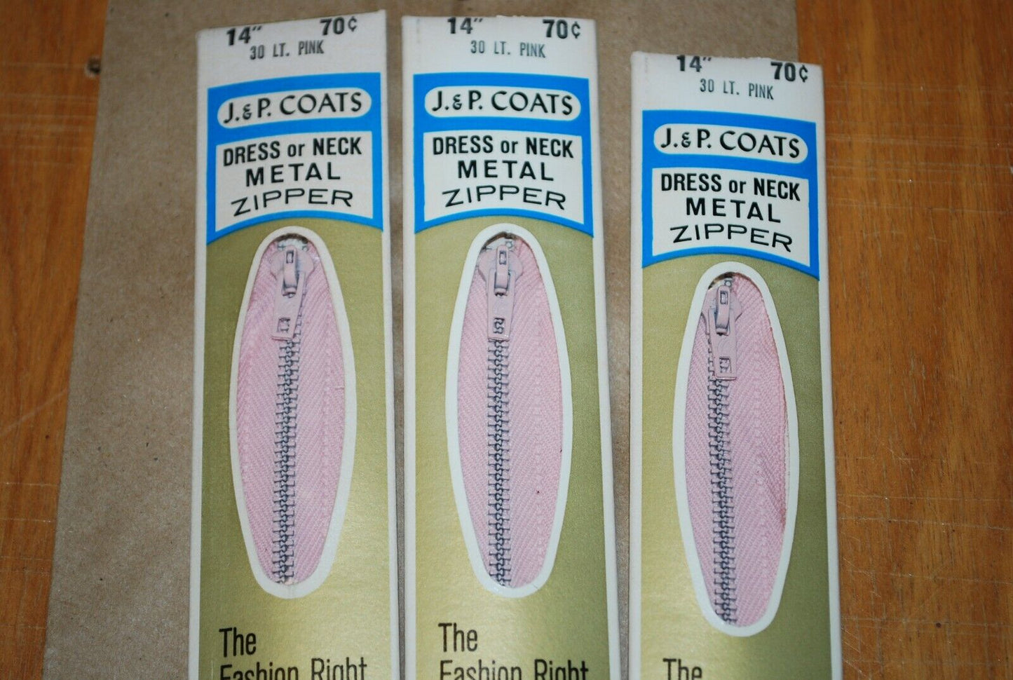 N.O.S. J&P Coats 14" Metal Zipper 30 Lt. Pink - (Lot of 3 packs) - zip723