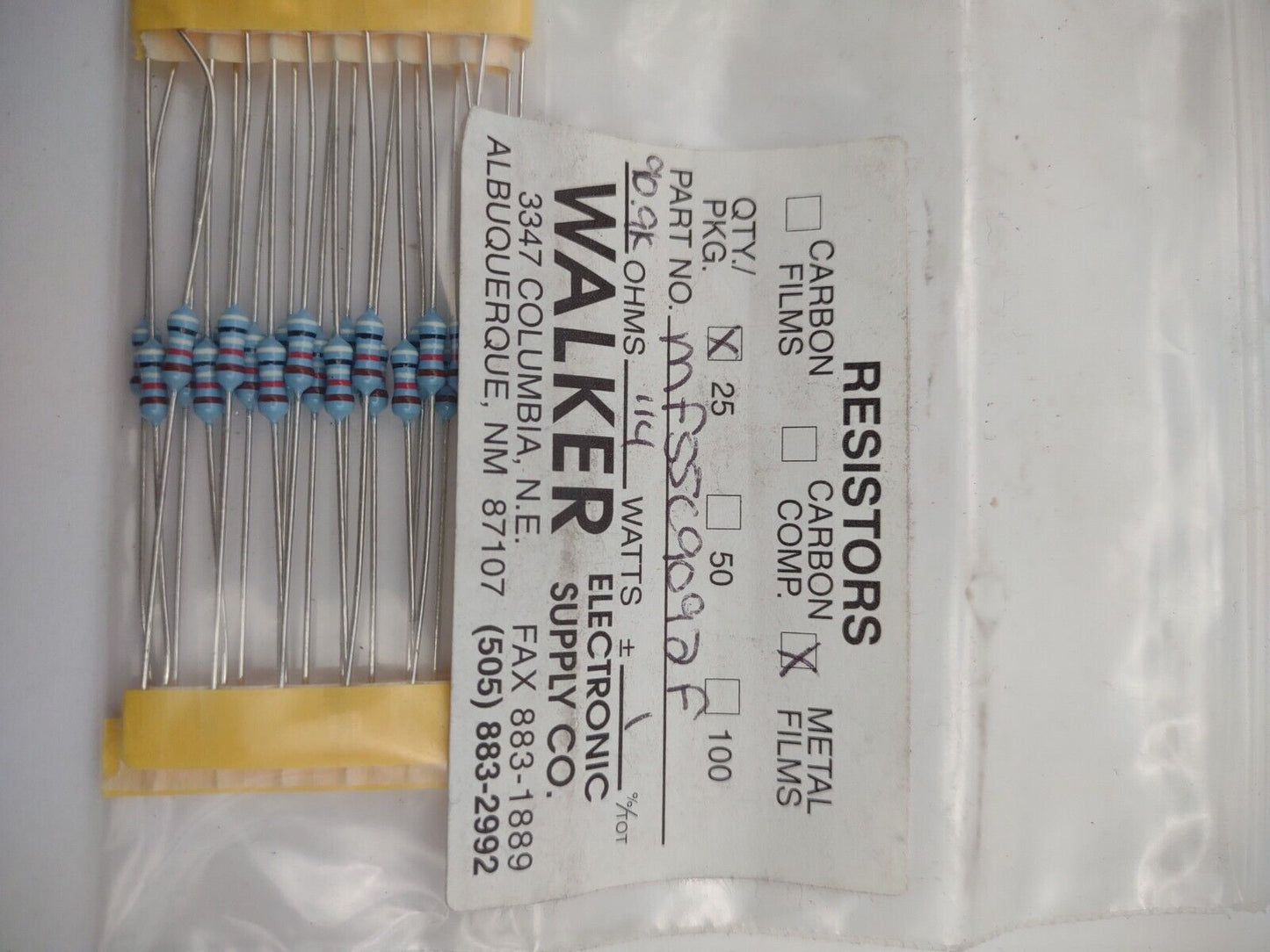 Walker 90.9K 1/4 Watt 1% MF55C 9092F Metal Film Resistors Pack lot qty (25) 14