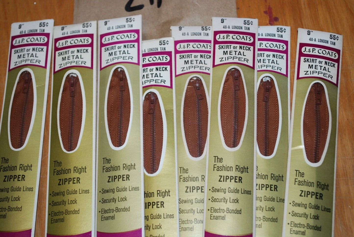 N.O.S. J&P Coats 9" Metal Zipper 48-A London Tan - (Lot of 8 packs) - zip710