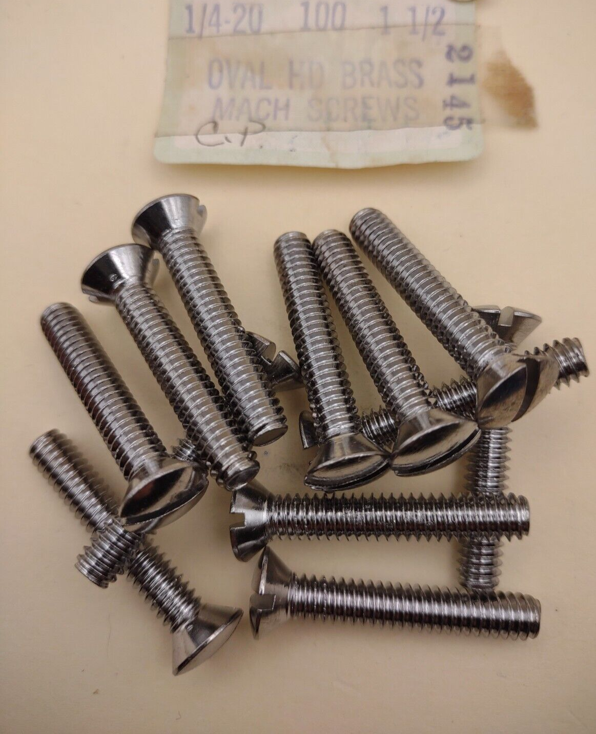 1/4"-20x 1-1/2" Oval Head Slotted Chrome Brass Machine Screws 12 pack NOS CBMS50