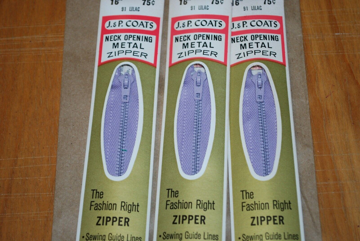 N.O.S. J&P Coats 16" Metal Zipper 91 Lilac - (Lot of 3 packs) - zip727