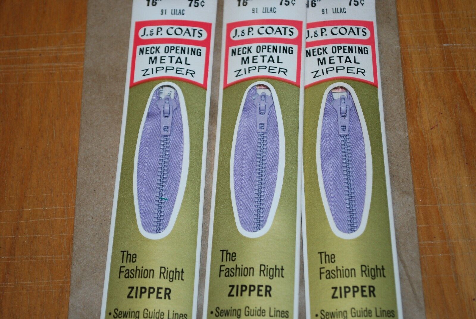 N.O.S. J&P Coats 16" Metal Zipper 91 Lilac - (Lot of 3 packs) - zip727