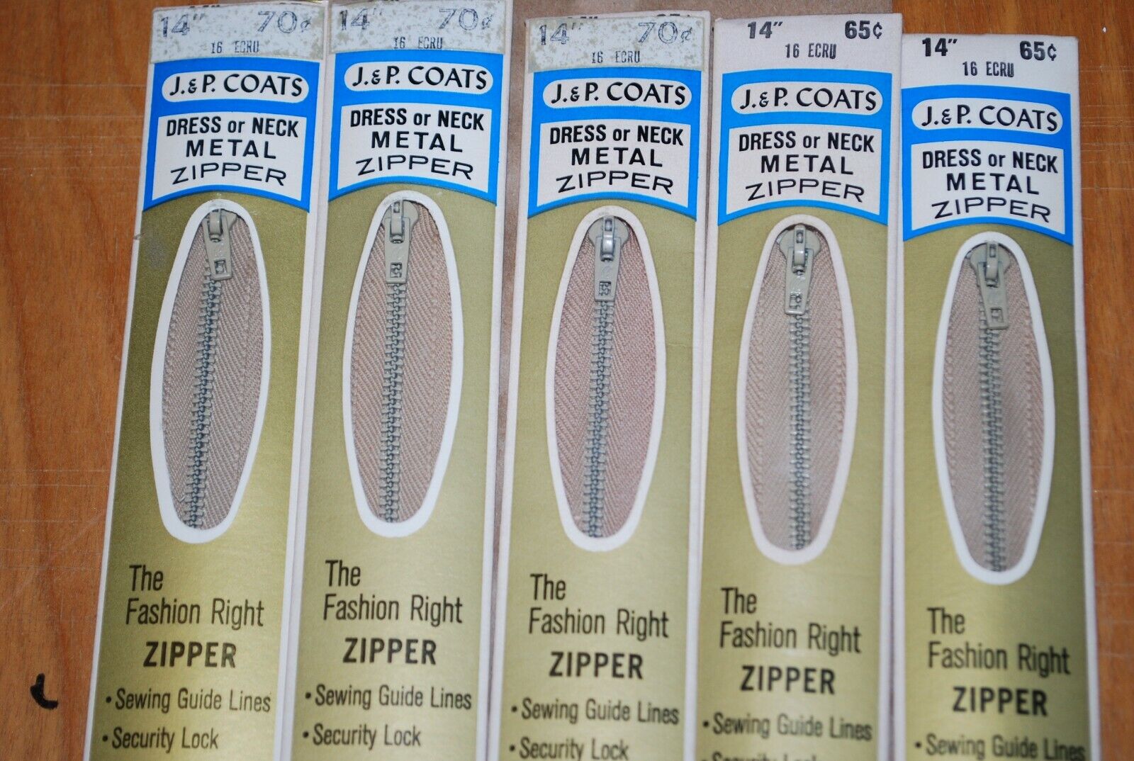 N.O.S. J&P Coats 14" Metal Zipper 16 Ecru - (Lot of 5 packs) - zip725