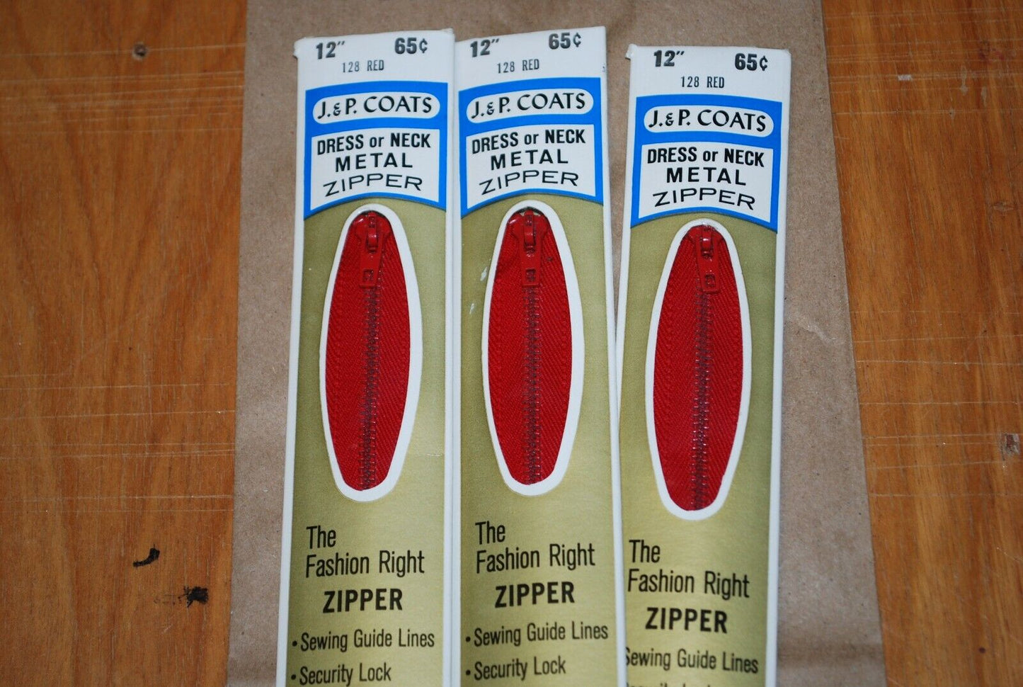 N.O.S. J&P Coats 12" Metal Zipper 128 Red - (Lot of 3 packs) - zip716