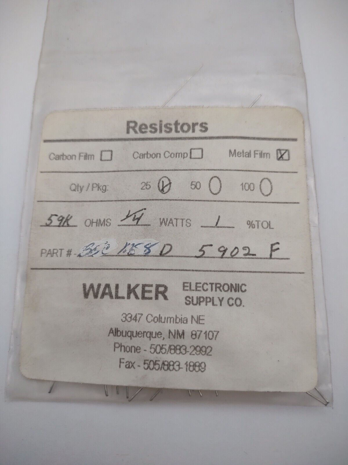 Walker 59k 1/4 Watt 1% BECMS8D 5902F Metal Film Resistors Pack lot qty (25) #01