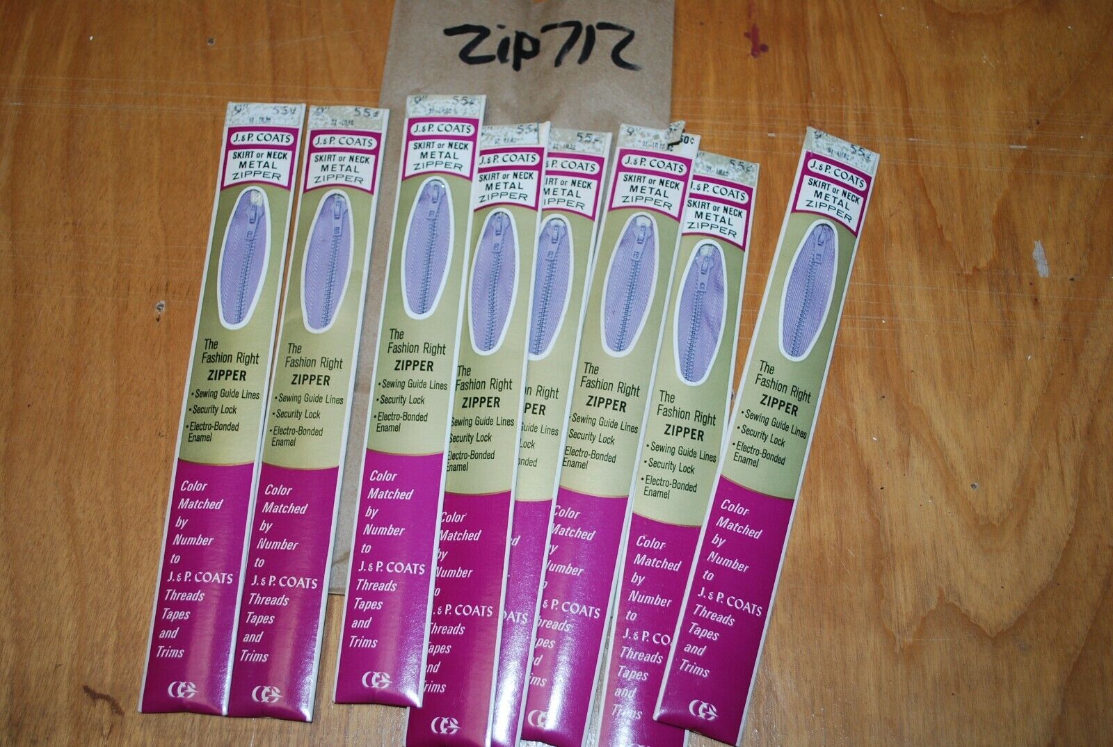 N.O.S. J&P Coats 9" Metal Zipper 91 Lilac - (Lot of 8 packs) - zip712