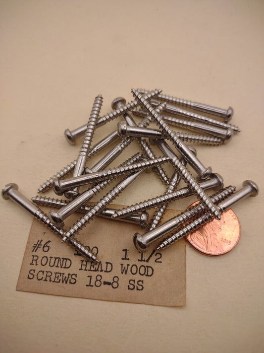 #6 x 1-1/2" 18-8 Stainless Round Head Slotted Marine Wood Screws (20 pack SSWS33