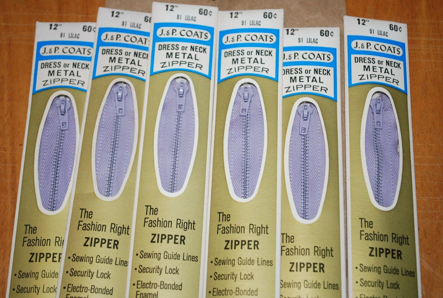 N.O.S. J&P Coats 12" Metal Zipper 9 Lilac - (Lot of 6 packs) - zip720