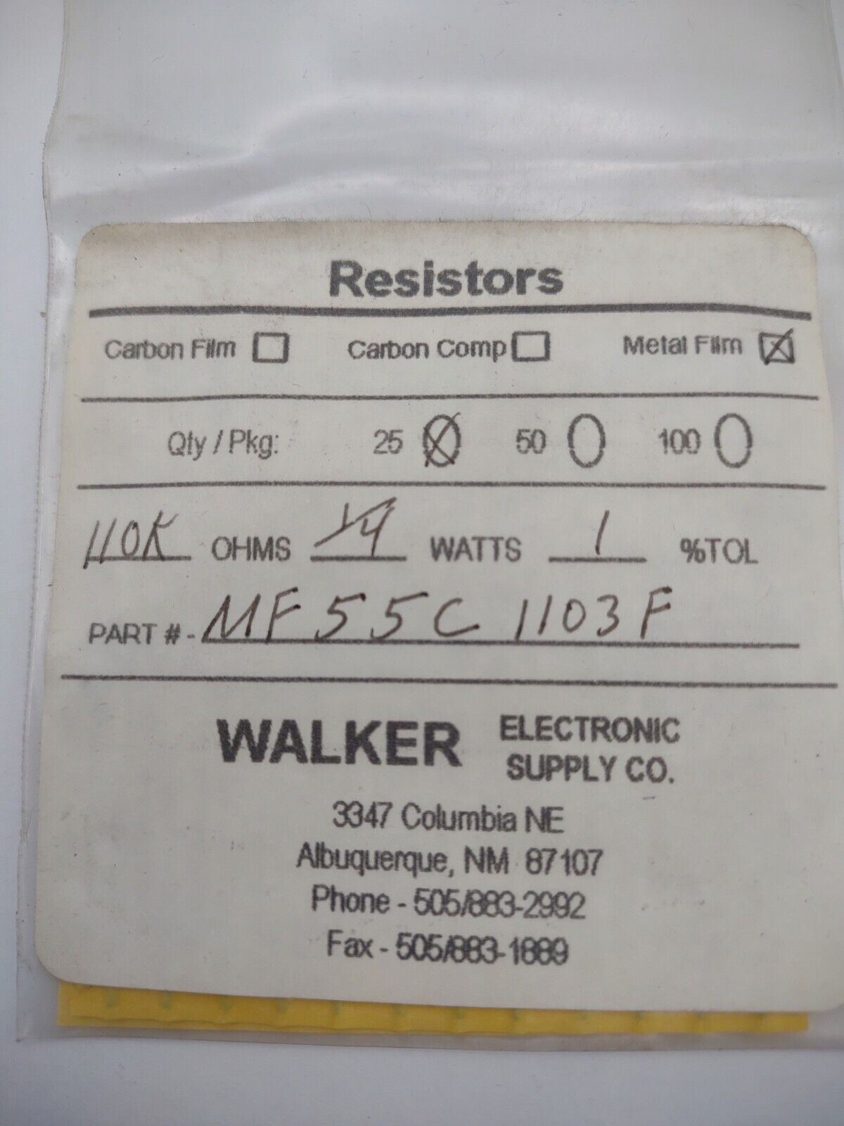 Walker 110k 1/4 Watt 1% MF55C 1103F Metal Film Resistors Pack lot qty (25) 03