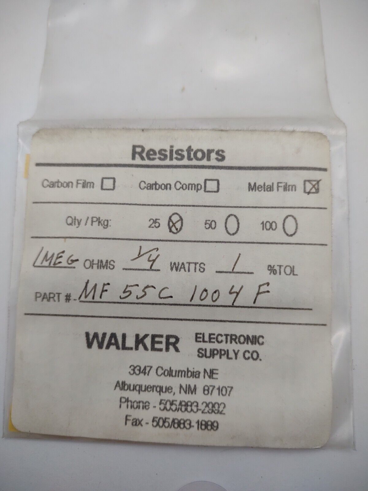 Walker 1 MEG 1/4 Watt 1% MF55C 1004F Metal Film Resistors Pack lot qty (25) 12