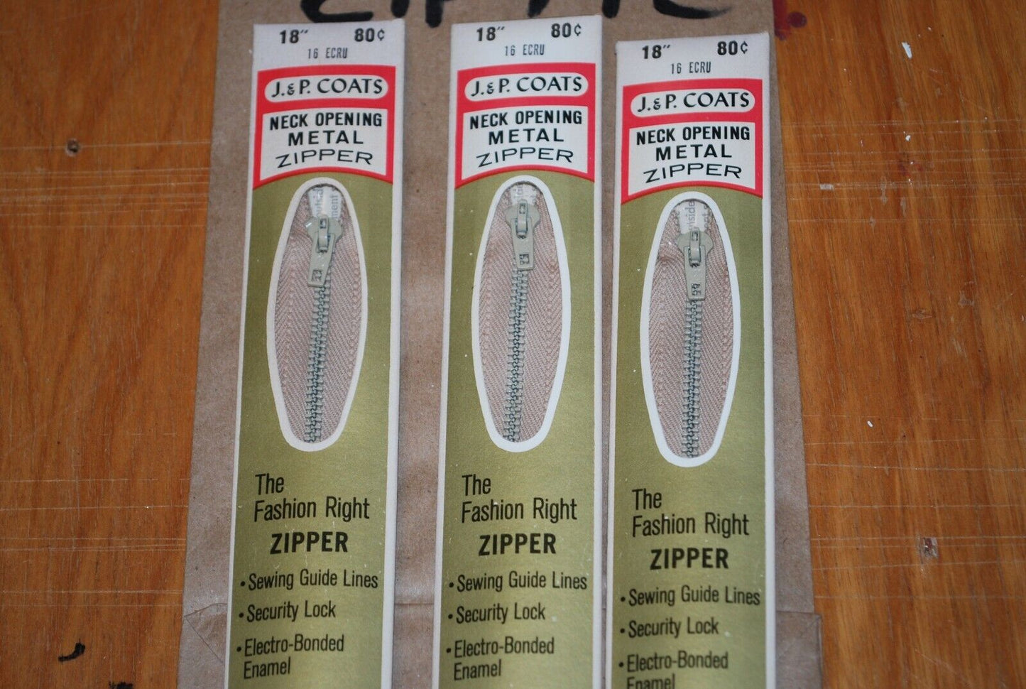 N.O.S. J&P Coats 18" Metal Zipper 16 Ecru - (Lot of 3 packs) - zip742