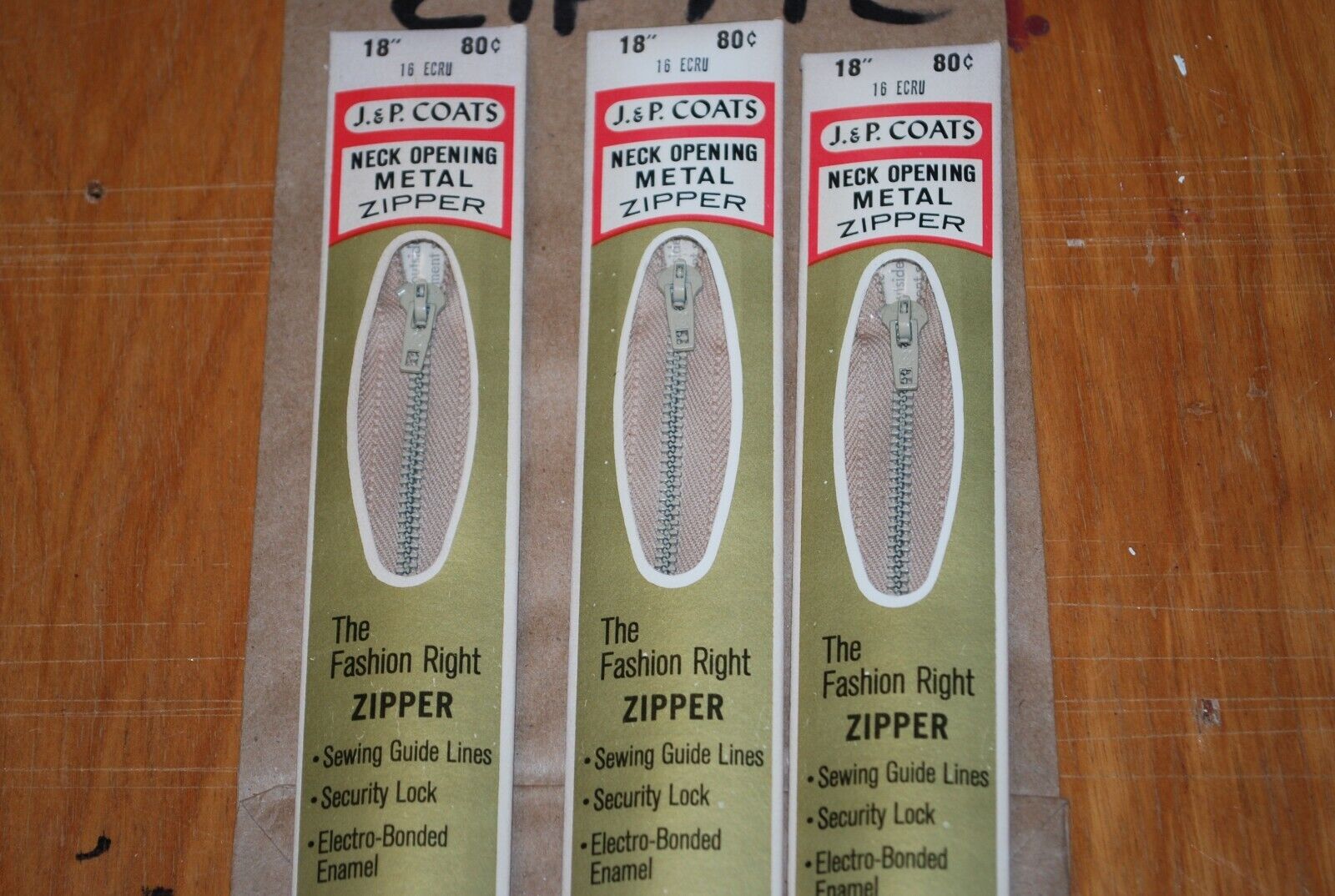 N.O.S. J&P Coats 18" Metal Zipper 16 Ecru - (Lot of 3 packs) - zip742