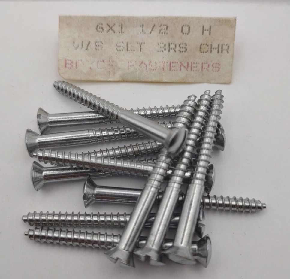 #6 x 1-1/2" Chrome Brass Oval Head Slotted Marine Wood Screws (12) pack CBWS20