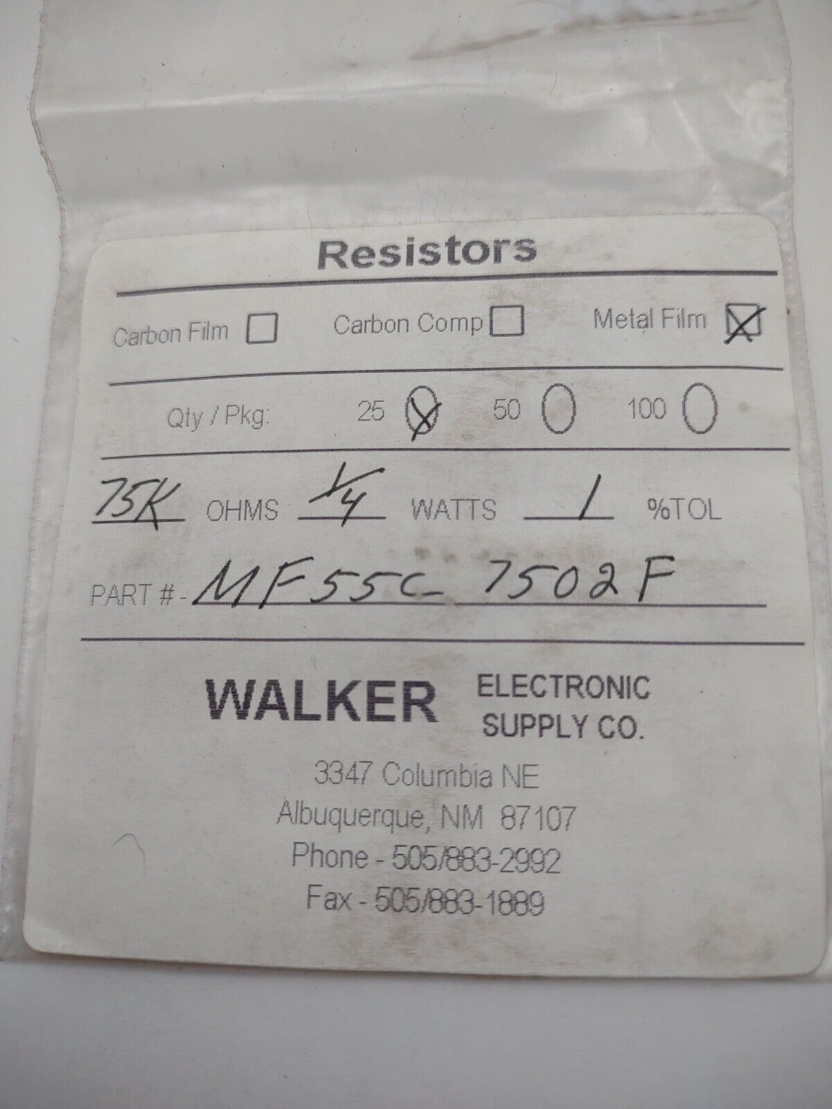 Walker 75k 1/4 Watt 1% MF55C 7502F Metal Film Resistors Pack lot qty (25) 10
