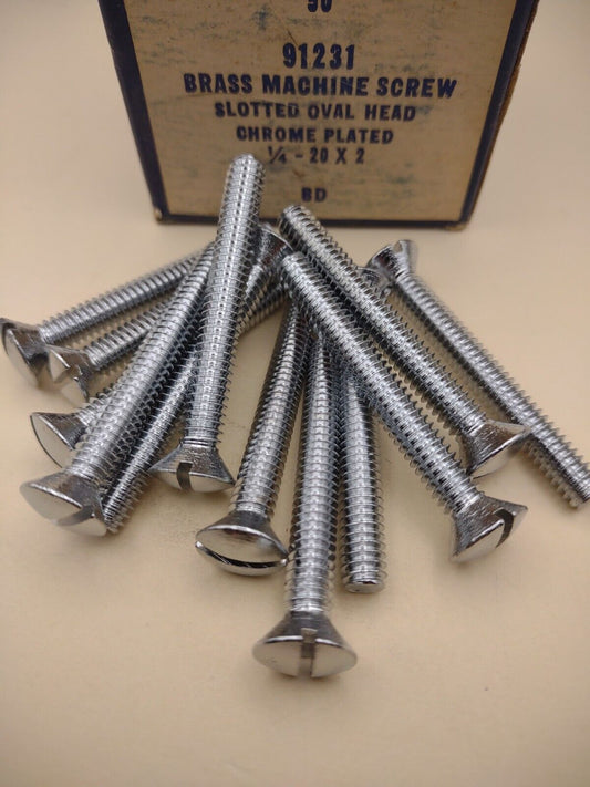 1/4"-20 x 2" Oval Head Slotted Chrome Brass Machine Screws 12 pack NOS CBMS53