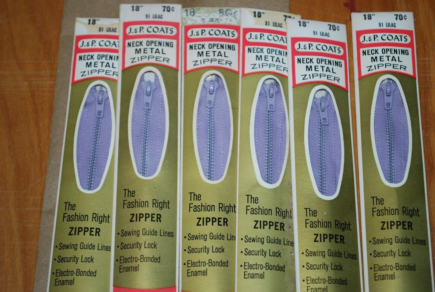N.O.S. J&P Coats 18" Metal Zipper 91 Lilac - (Lot of 6 packs) - zip741