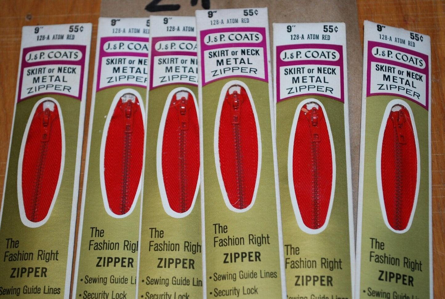 N.O.S. J&P Coats 9" Metal Zipper 128-A Atom Red - (Lot of 6 packs) - zip708
