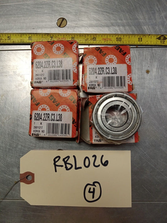 FAG 6204.2ZR.C3.L38 Ball Bearings - Lot of Qty (4) NOS - RBL026