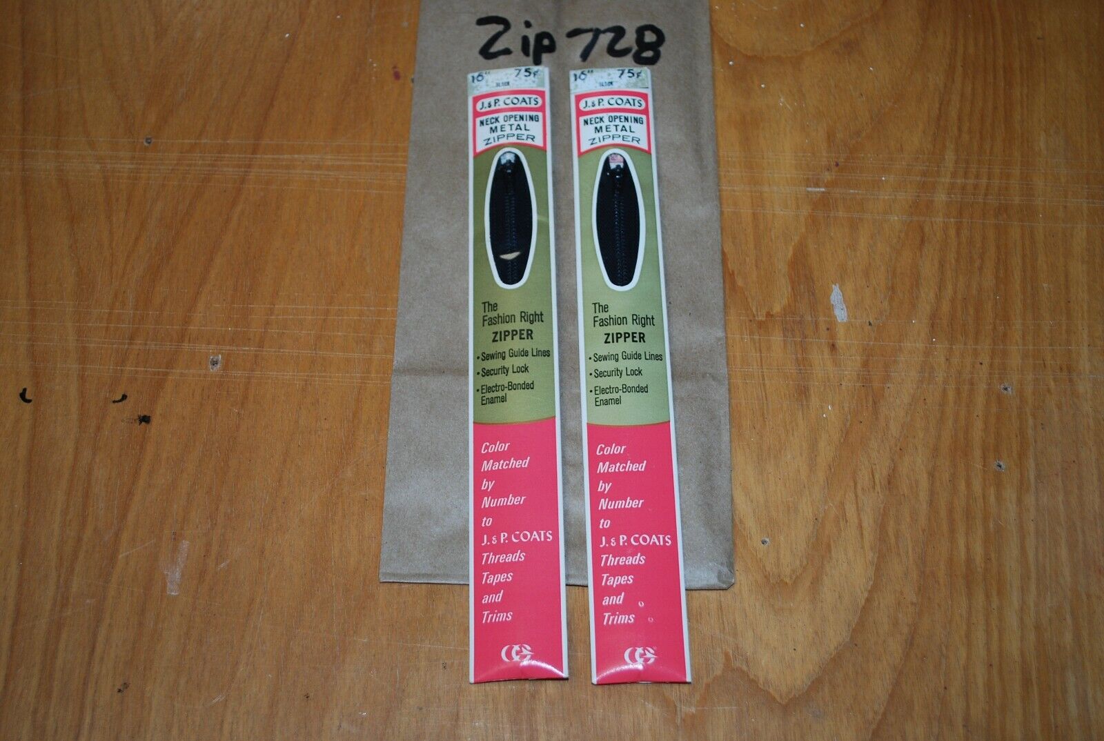 N.O.S. J&P Coats 16" Metal Zipper Black - (Lot of 2 packs) - zip728