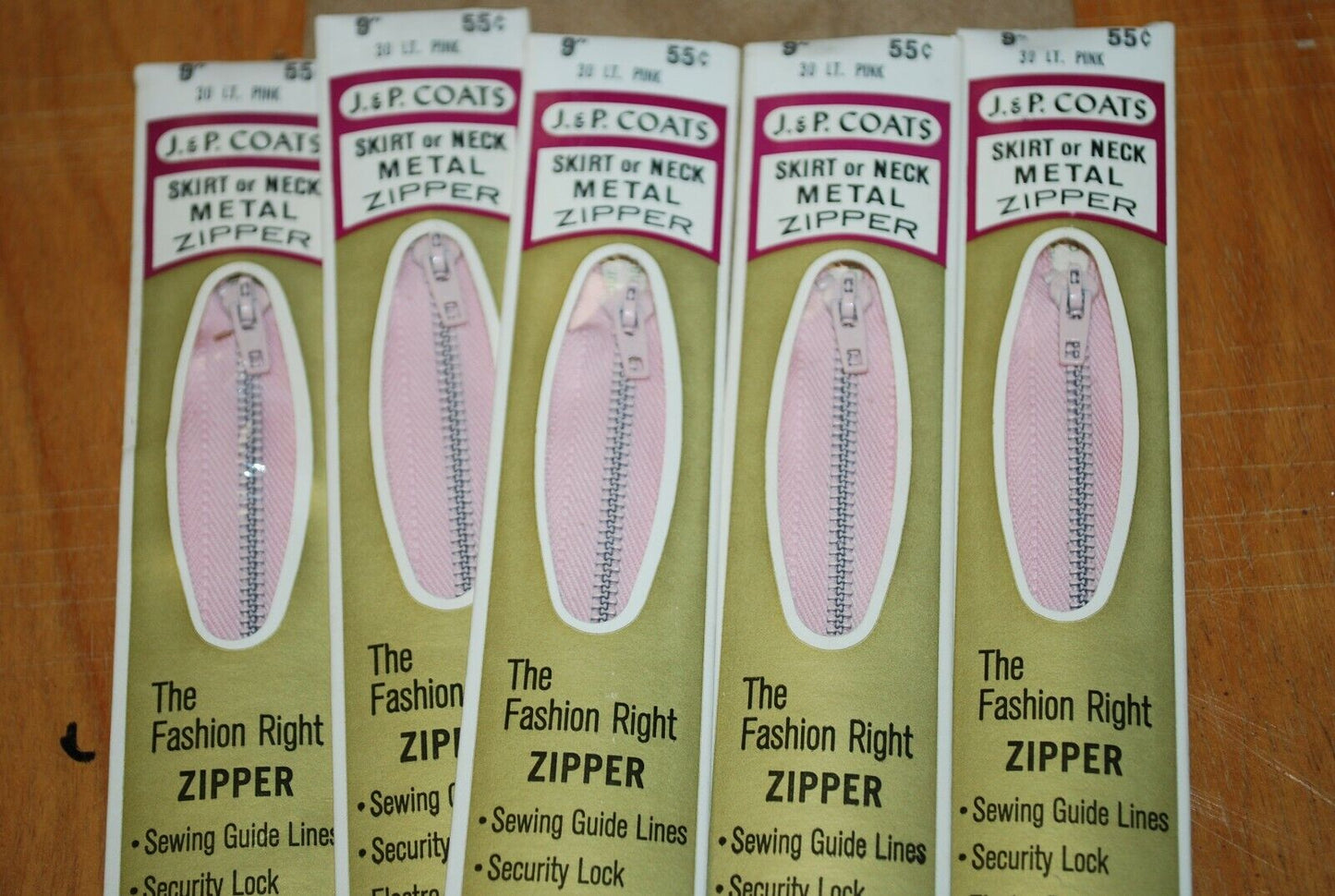 N.O.S. J&P Coats 9" Metal Zipper 30 Lt. Pink - (Lot of 5 packs) - zip707