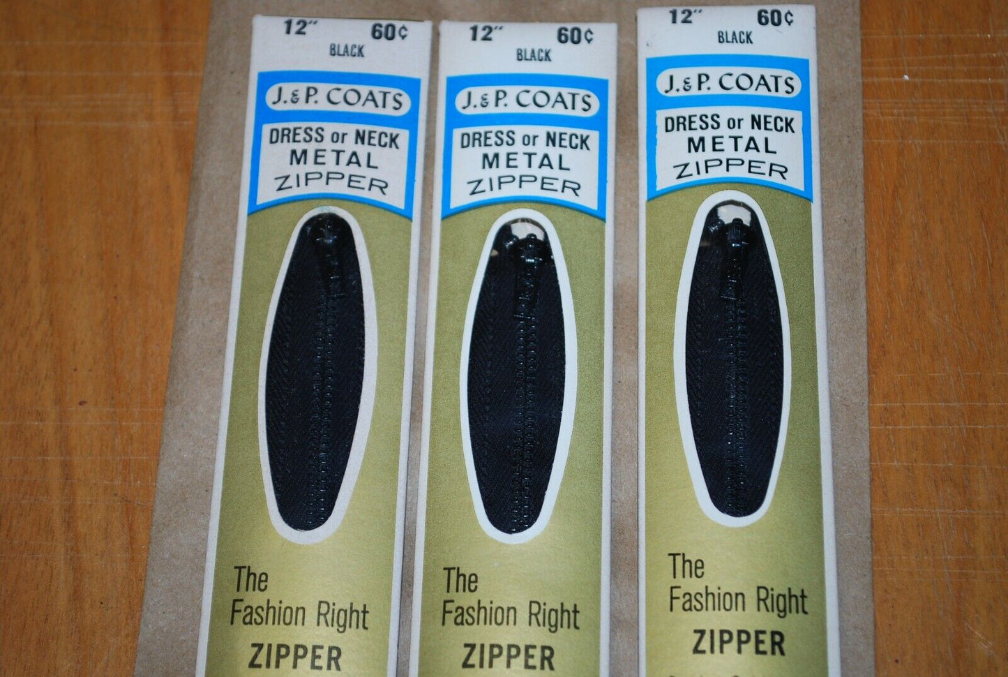 N.O.S. J&P Coats 12" Metal Zipper Black - (Lot of 3 packs) - zip719