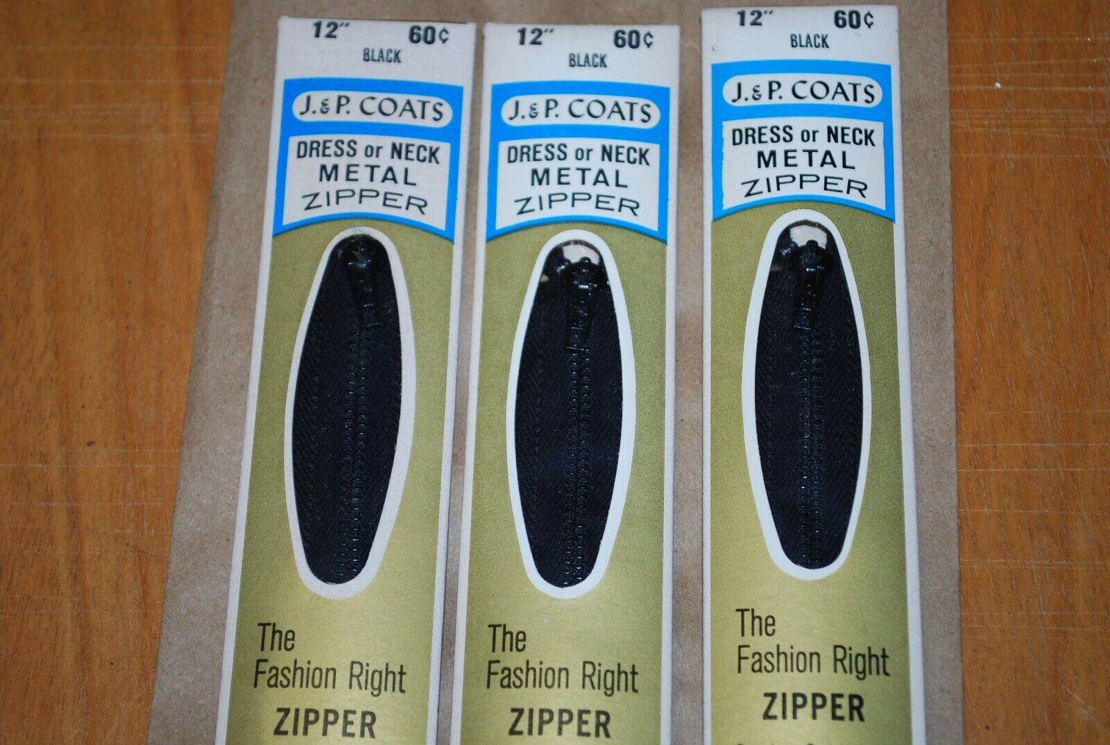 N.O.S. J&P Coats 12" Metal Zipper Black - (Lot of 3 packs) - zip719