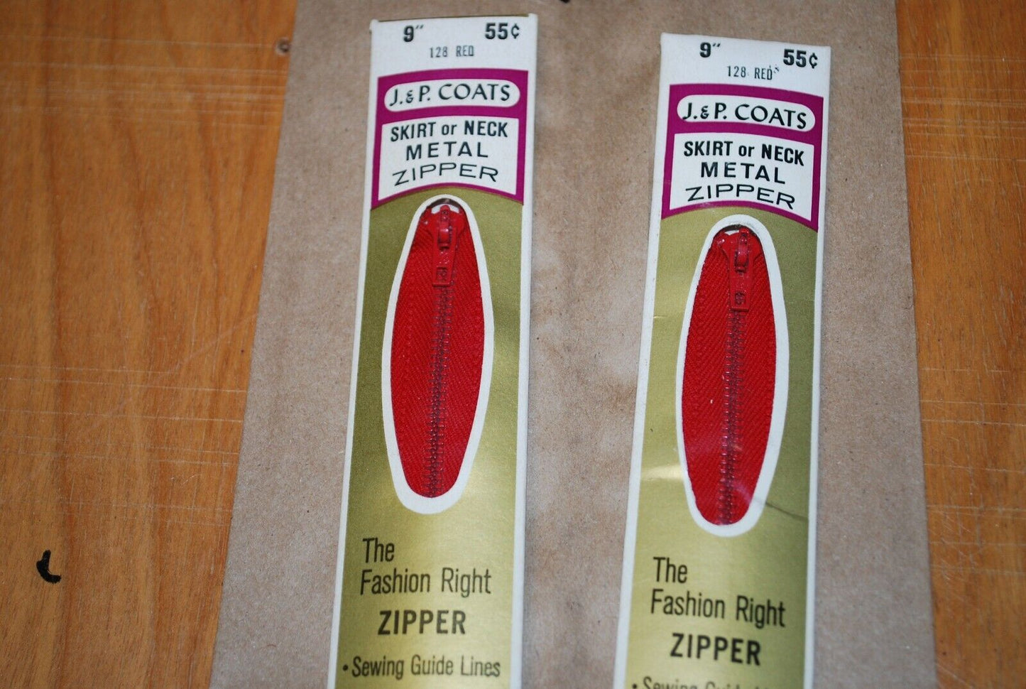 N.O.S. J&P Coats 9" Metal Zipper 128 Red- (Lot of 2 packs) - zip713