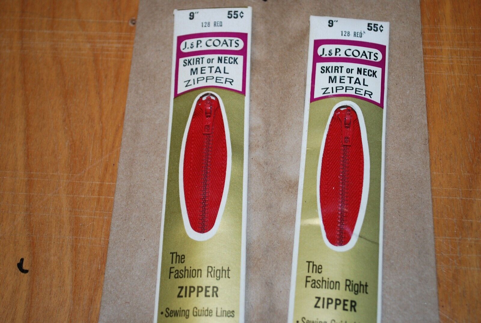 N.O.S. J&P Coats 9" Metal Zipper 128 Red- (Lot of 2 packs) - zip713
