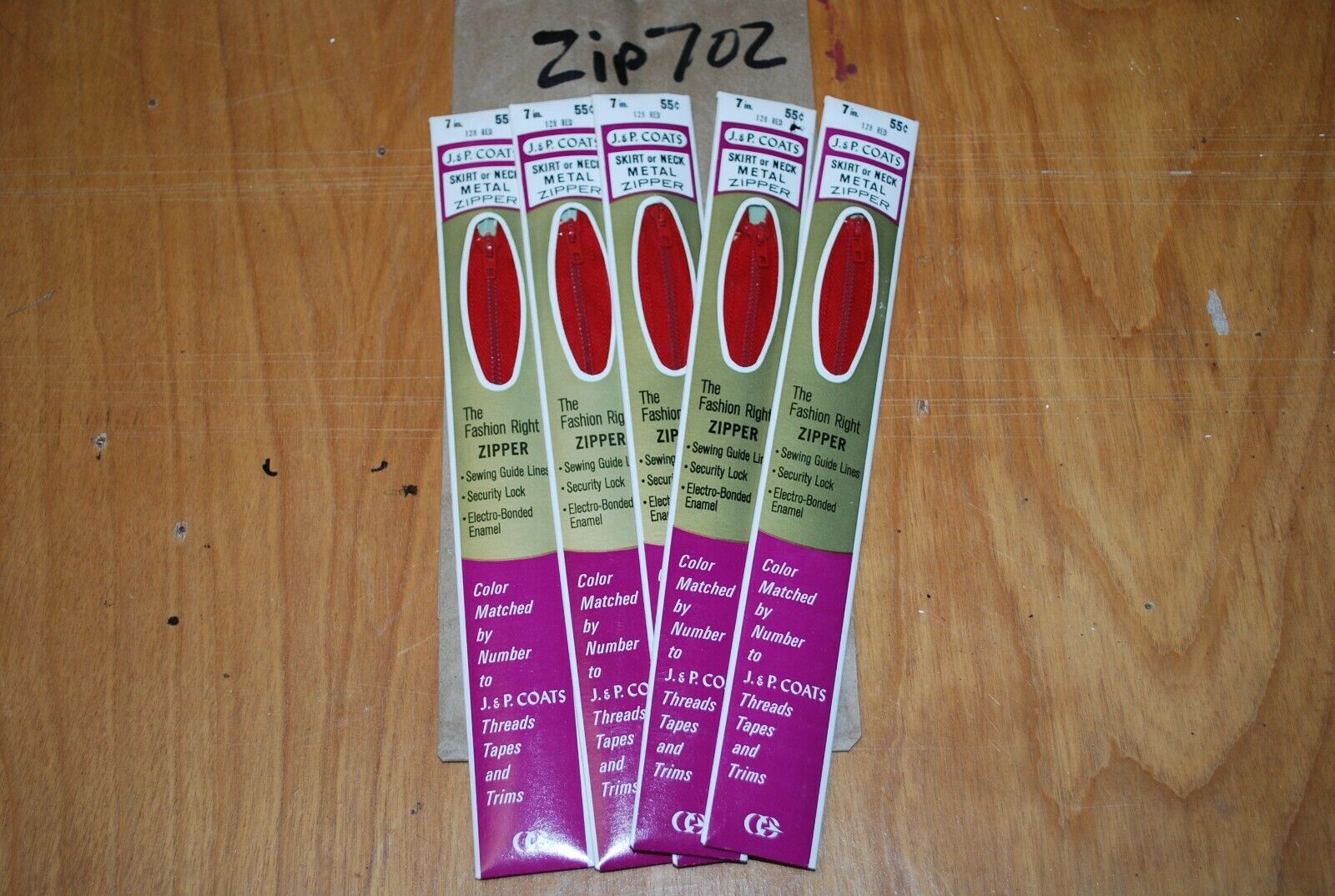 N.O.S. J&P Coats 7" Metal Zipper 128 Red - (Lot of 5 packs) - zip702