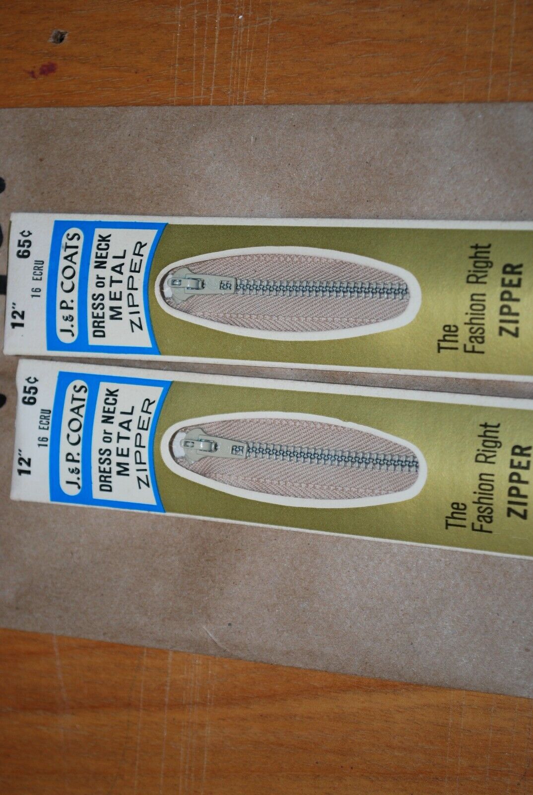 N.O.S. J&P Coats 12" Metal Zipper 16 Ecru - (Lot of 2 packs) - zip721