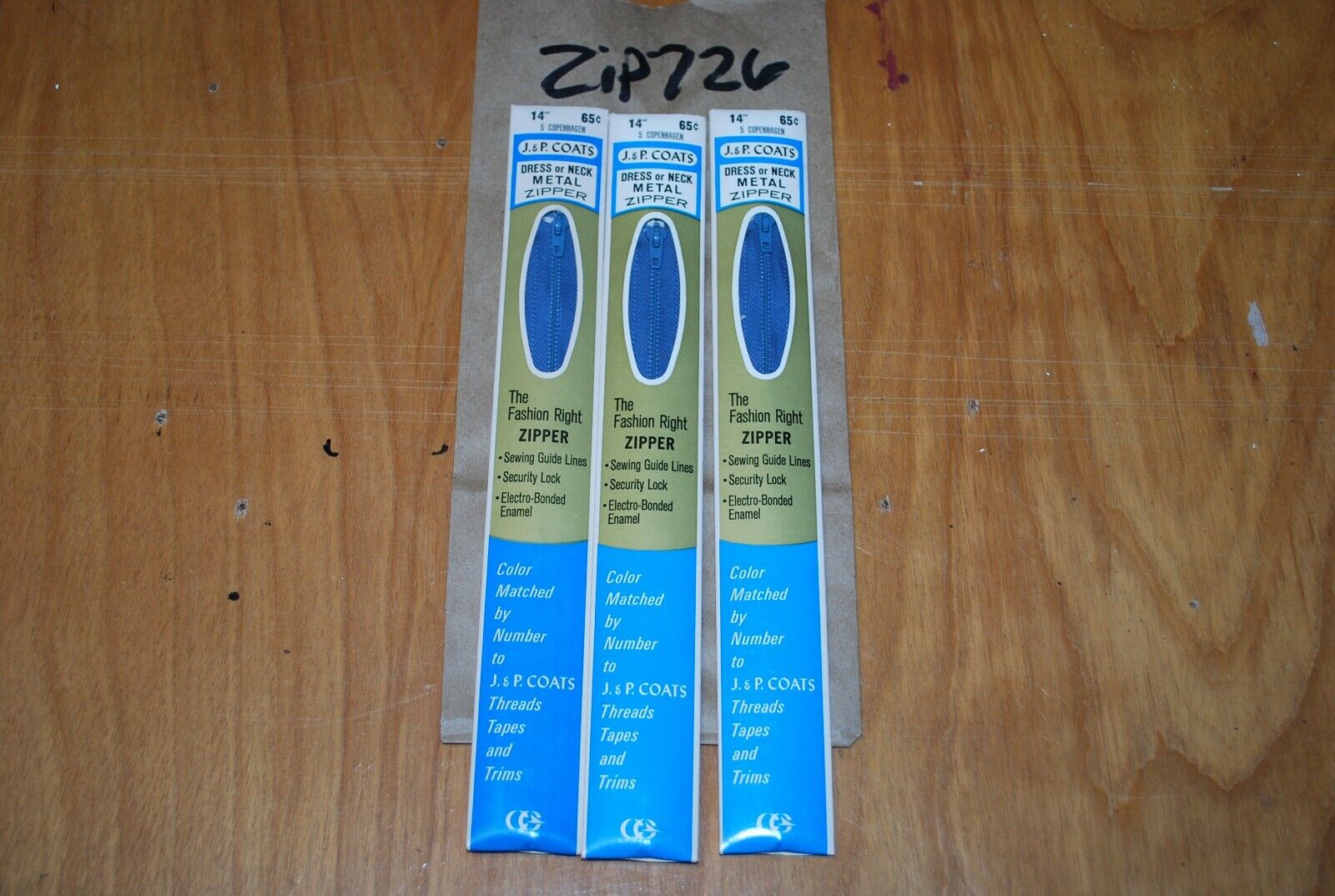 N.O.S. J&P Coats 14" Metal Zipper 5 Copenhagen - (Lot of 3 packs) - zip726