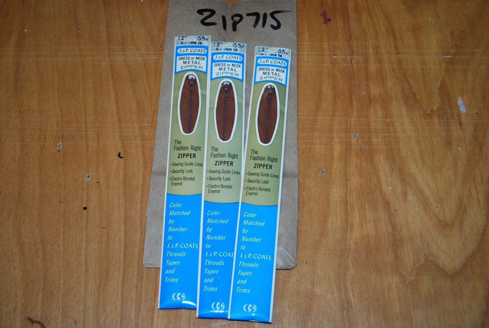 N.O.S. J&P Coats 12" Metal Zipper 48-A London Tan - (Lot of 3 packs) - zip715