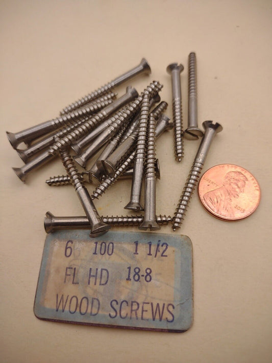 #6 x 1-1/2" 18-8 Stainless Flat Head Slotted Marine Wood Screws (20) pack SSWS07