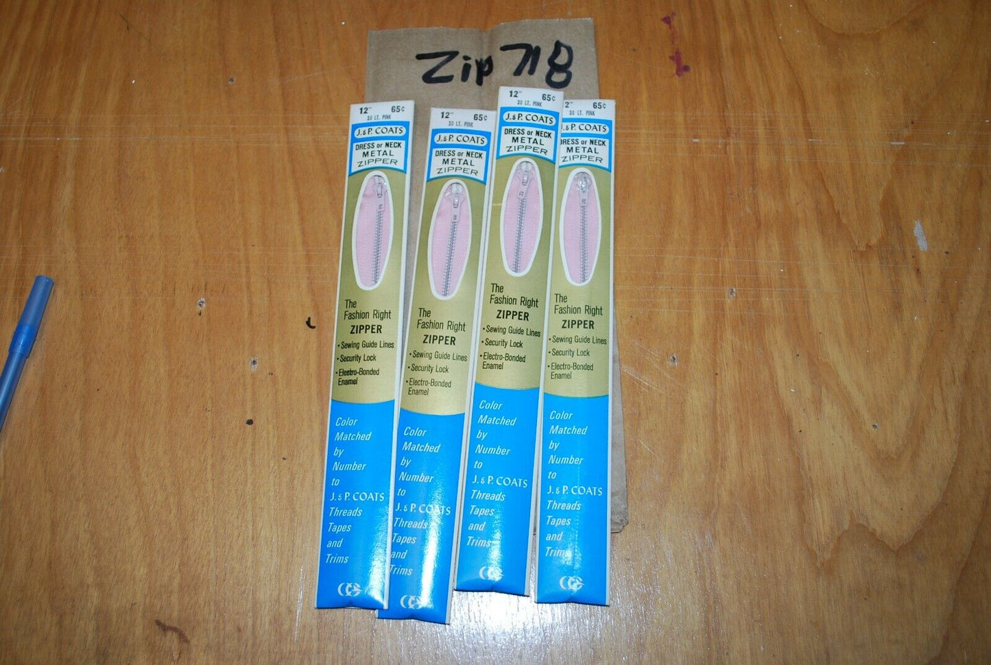 N.O.S. J&P Coats 12" Metal Zipper 30 Lt. Pink - (Lot of 4 packs) - zip718