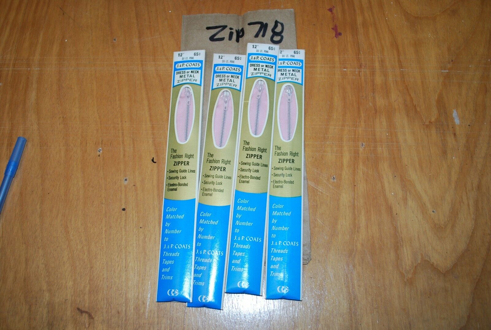 N.O.S. J&P Coats 12" Metal Zipper 30 Lt. Pink - (Lot of 4 packs) - zip718