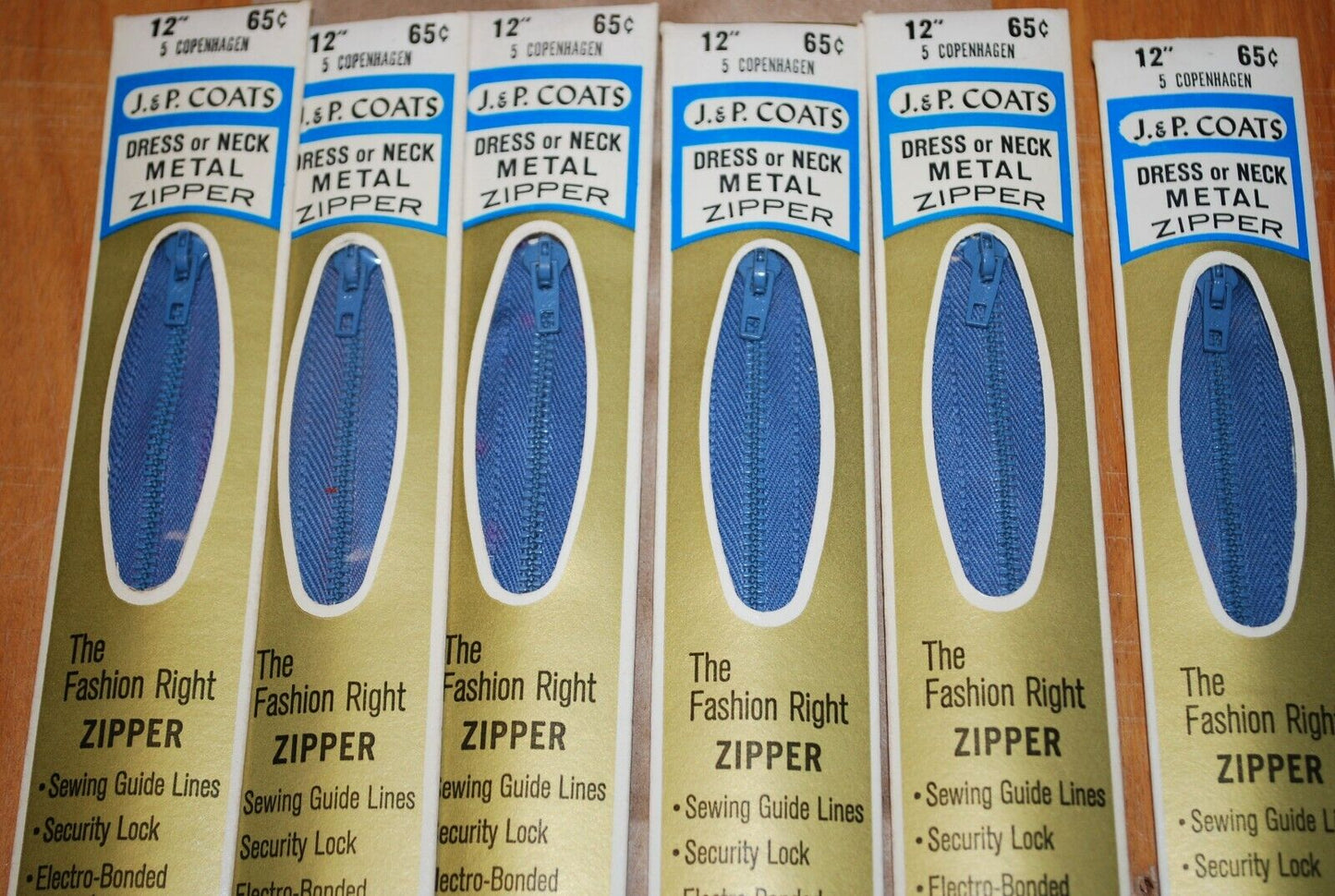 N.O.S. J&P Coats 12" Metal Zipper 5 Copenhagen - (Lot of 6 packs) - zip717