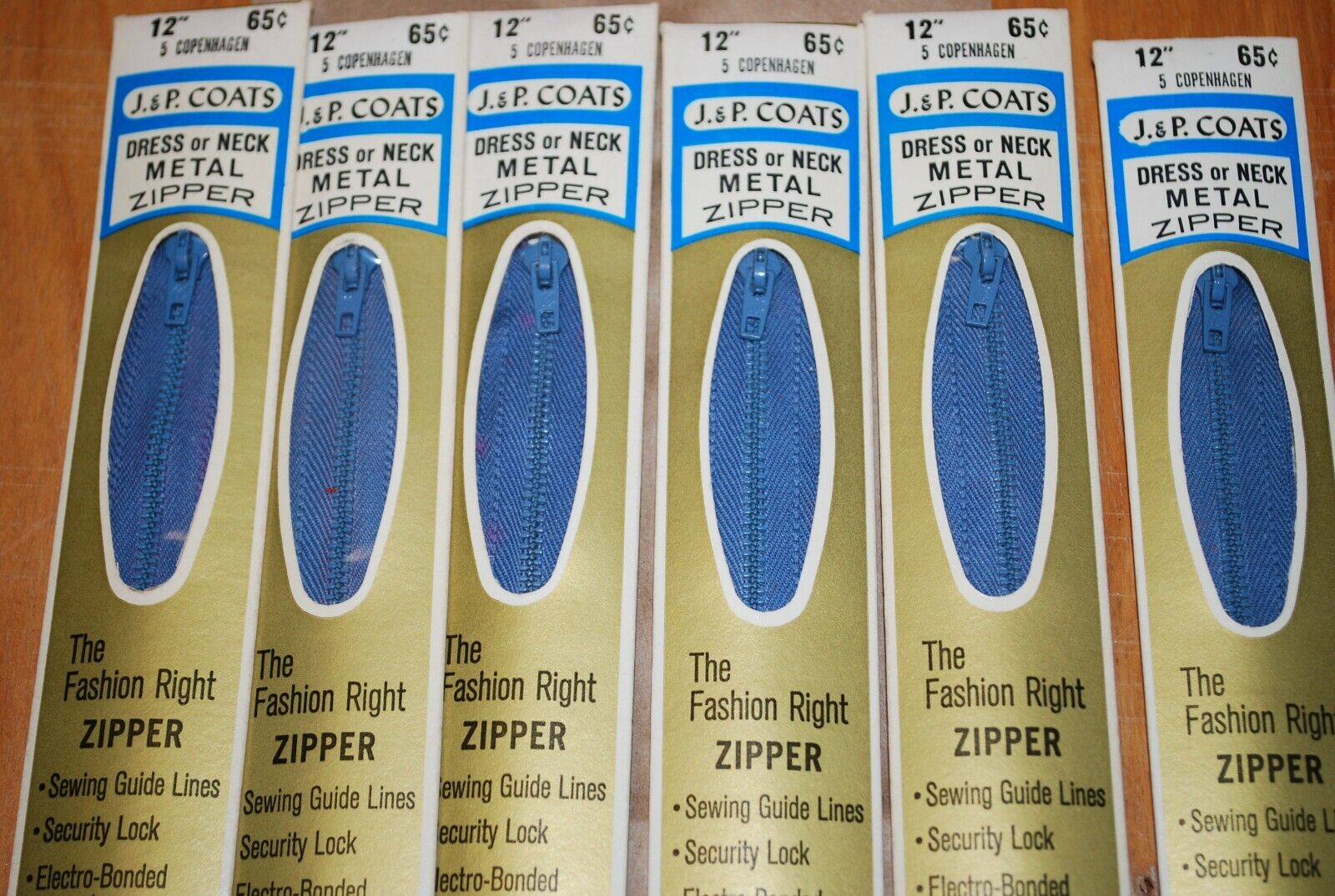 N.O.S. J&P Coats 12" Metal Zipper 5 Copenhagen - (Lot of 6 packs) - zip717