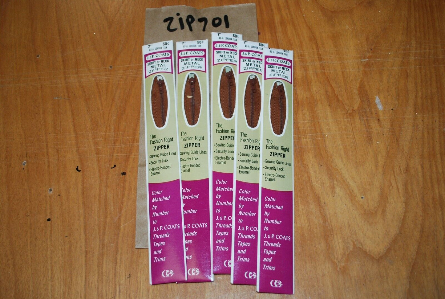 N.O.S. J&P Coats 7" Metal Zipper 48-A London Tan - (Lot of 5 packs) - zip701