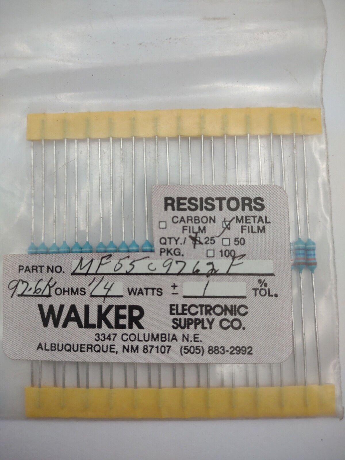 Walker 97.6k 1/4 Watt 1% MF55C 9762F Metal Film Resistors Pack lot qty (25) 02