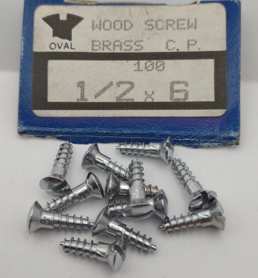 #6 x 1/2" Chrome Brass Oval Head Slotted Marine Wood Screws (12) pack CBWS14