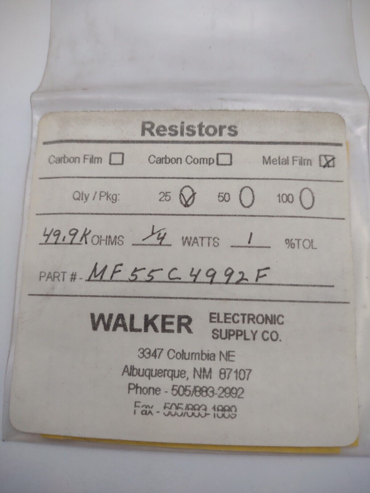 Walker 49.9k 1/4 Watt 1% MF55C 4992F Metal Film Resistors Pack lot qty (25) 06
