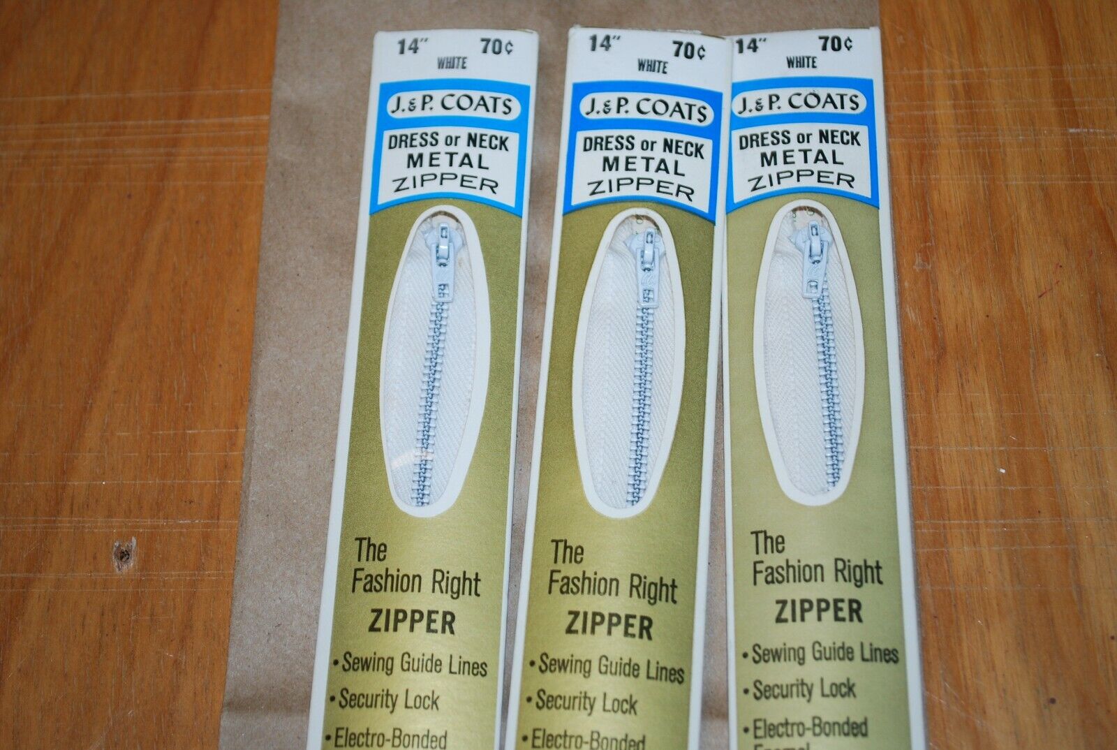 N.O.S. J&P Coats 14" Metal Zipper White - (Lot of 3 packs) - zip724
