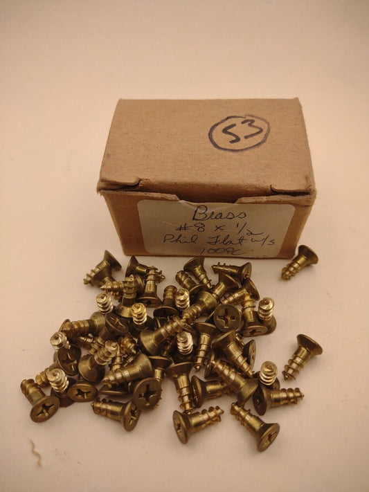 #8 x 1/2" NOS Flat Head Phillips BRASS Wood Screws Lot of (53pcs) BOX0228
