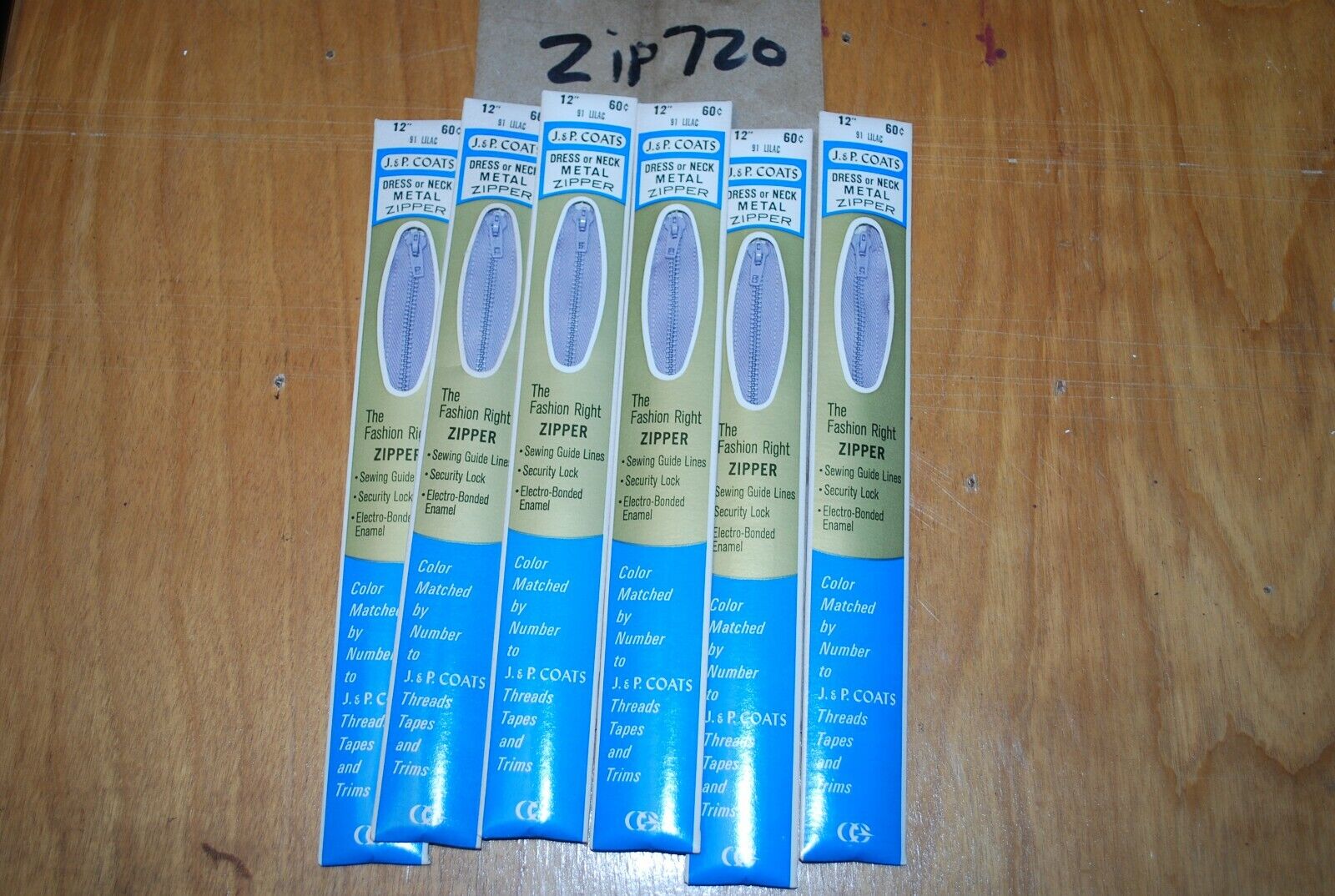 N.O.S. J&P Coats 12" Metal Zipper 9 Lilac - (Lot of 6 packs) - zip720