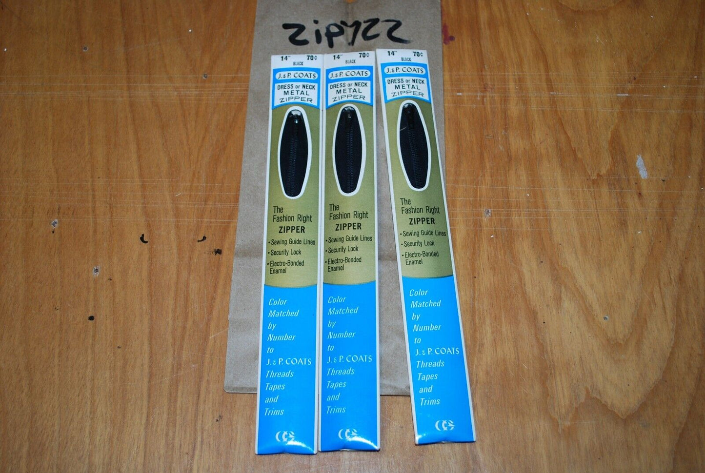 N.O.S. J&P Coats 14" Metal Zipper Black - (Lot of 3 packs) - zip722