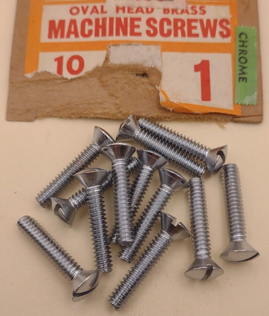 10-24 x 1" Oval Head Slotted Chrome Brass Machine Screws (12 pack) NOS CBMS31